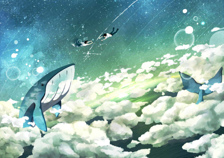 clouds, Original, Scenic, Seifuku, Sky, Stars, Whale HD Wallpaper Desktop Background