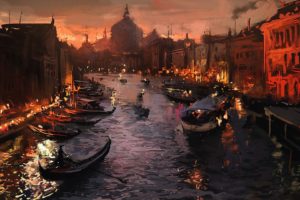 gondolas, Venice, Painting, Artwork, Italy, River
