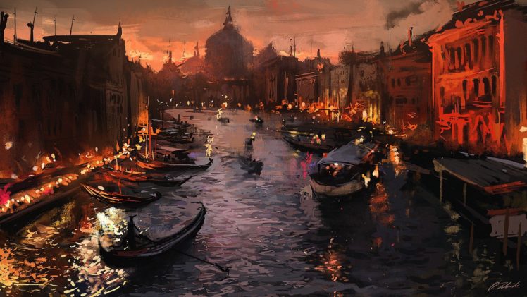 gondolas, Venice, Painting, Artwork, Italy, River HD Wallpaper Desktop Background