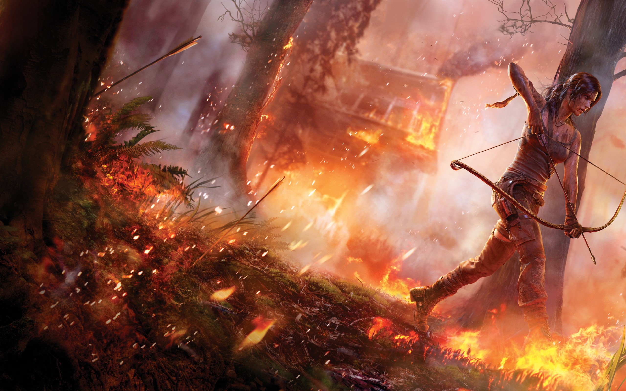 tomb, Raider, Girl, Wood, Fire, House, Meadow, Trees, Grass, Lara, Croft Wallpaper