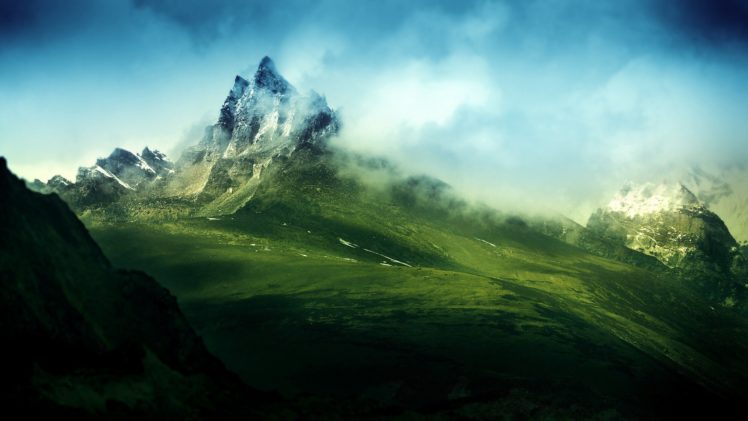 mountains, Clouds, Snow, Grass, Plains, Skies HD Wallpaper Desktop Background
