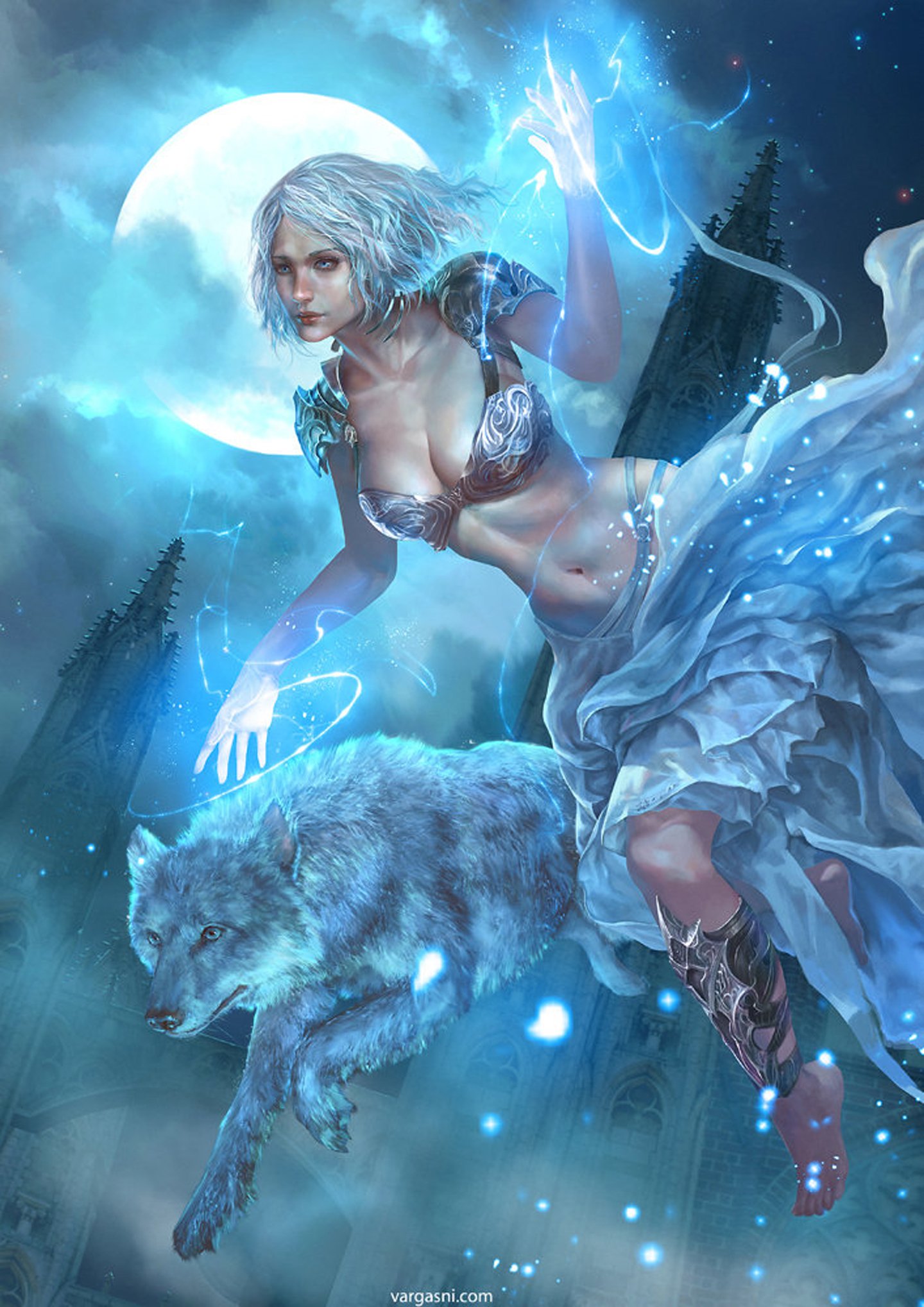 original, Fantasy, Character, Beauty, Girl, Blue, Wolf, Magic, Moon, Dress Wallpaper