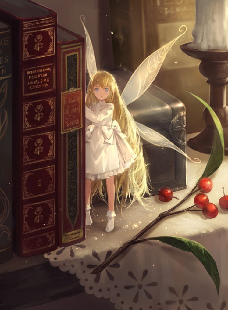cute, Fantasy, Anime, Girl, Fairy, Wing, Magic, Book, Blonde, Dress HD Wallpaper Desktop Background