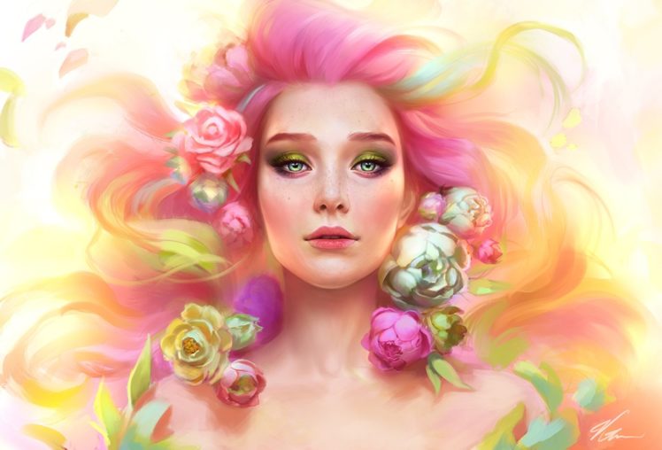 splash, Of, Spring, Fantasy, Beautiful, Green, Eyes, Girl, Flower HD Wallpaper Desktop Background