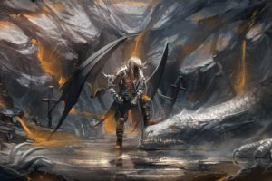 demon, Dragon, Cave, Swords, Fantasy