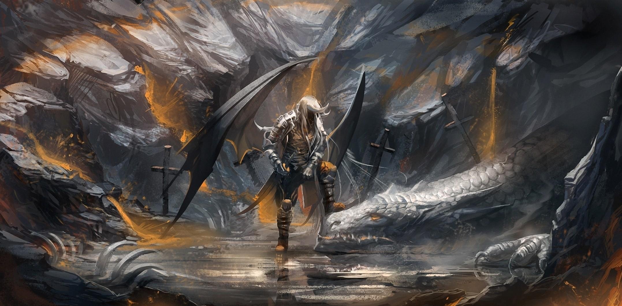 demon, Dragon, Cave, Swords, Fantasy Wallpaper