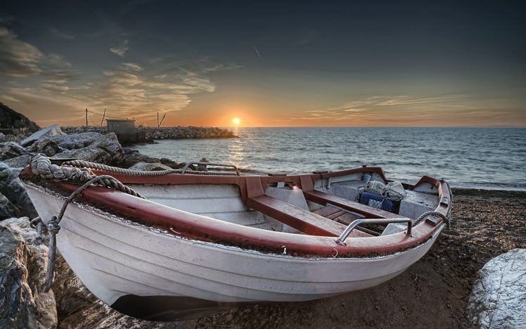 barco, Bote, Playa, Amanecer HD Wallpaper Desktop Background