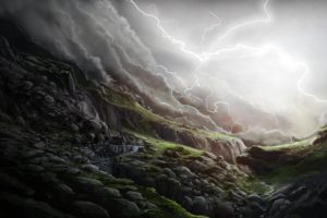 art, Lightning, Glen, Stones, Slope, Waterfall, Rain, Storm, Clouds, Landscape