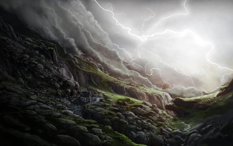 art, Lightning, Glen, Stones, Slope, Waterfall, Rain, Storm, Clouds, Landscape HD Wallpaper Desktop Background