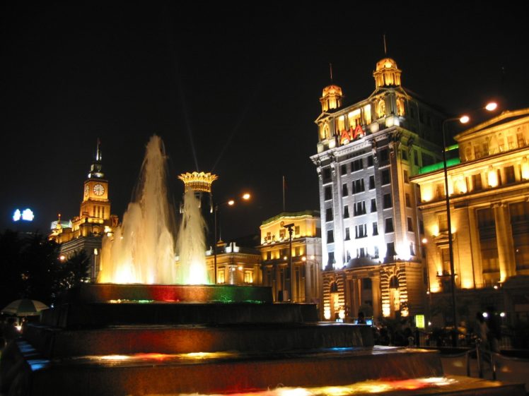 shanghai, Bund, Fountain, Building, Light, Night HD Wallpaper Desktop Background