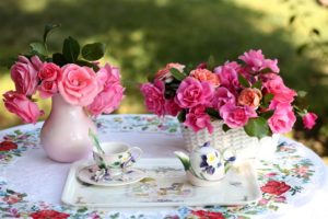 roses, Flowers, Bouquets, Vase, Basket, Table, Service, Tablecloth, Tea, Party