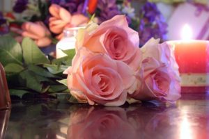 roses, Flowers, Three, Bouquet, Reflection, Candle, Romance