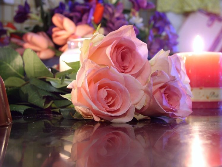 roses, Flowers, Three, Bouquet, Reflection, Candle, Romance HD Wallpaper Desktop Background