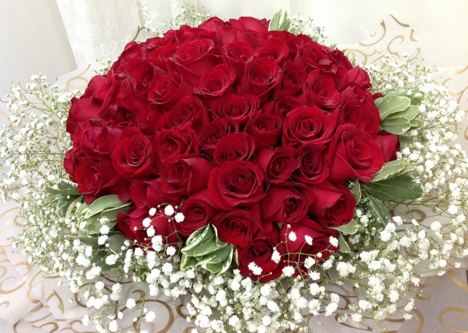 roses, Gypsophila, Bouquet, Decor Wallpaper