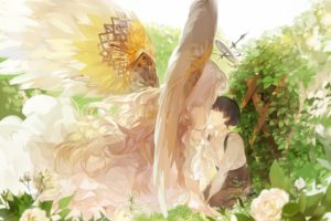 anime, Girl, Boy, Flower, Angel, Wings, Roses, Leaves