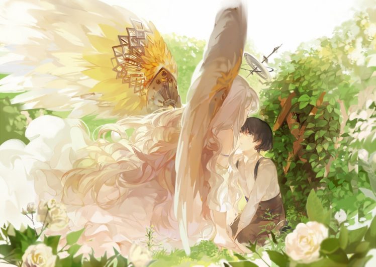 anime, Girl, Boy, Flower, Angel, Wings, Roses, Leaves HD Wallpaper Desktop Background
