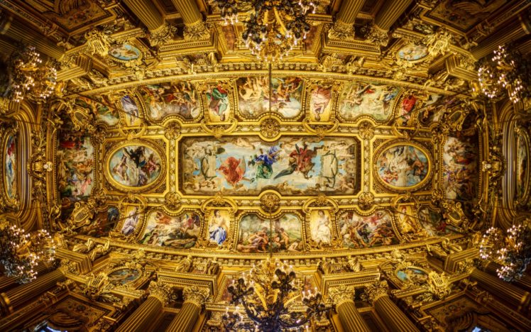 paris, Opera, Grand, Garnier, Ceiling, Painting, Chandeliers, Columns, Paintings HD Wallpaper Desktop Background