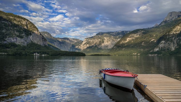 austria, Mountains, Lake, Marinas, Boats, Scenery, Clouds, Hallstatt, Lake, Nature HD Wallpaper Desktop Background
