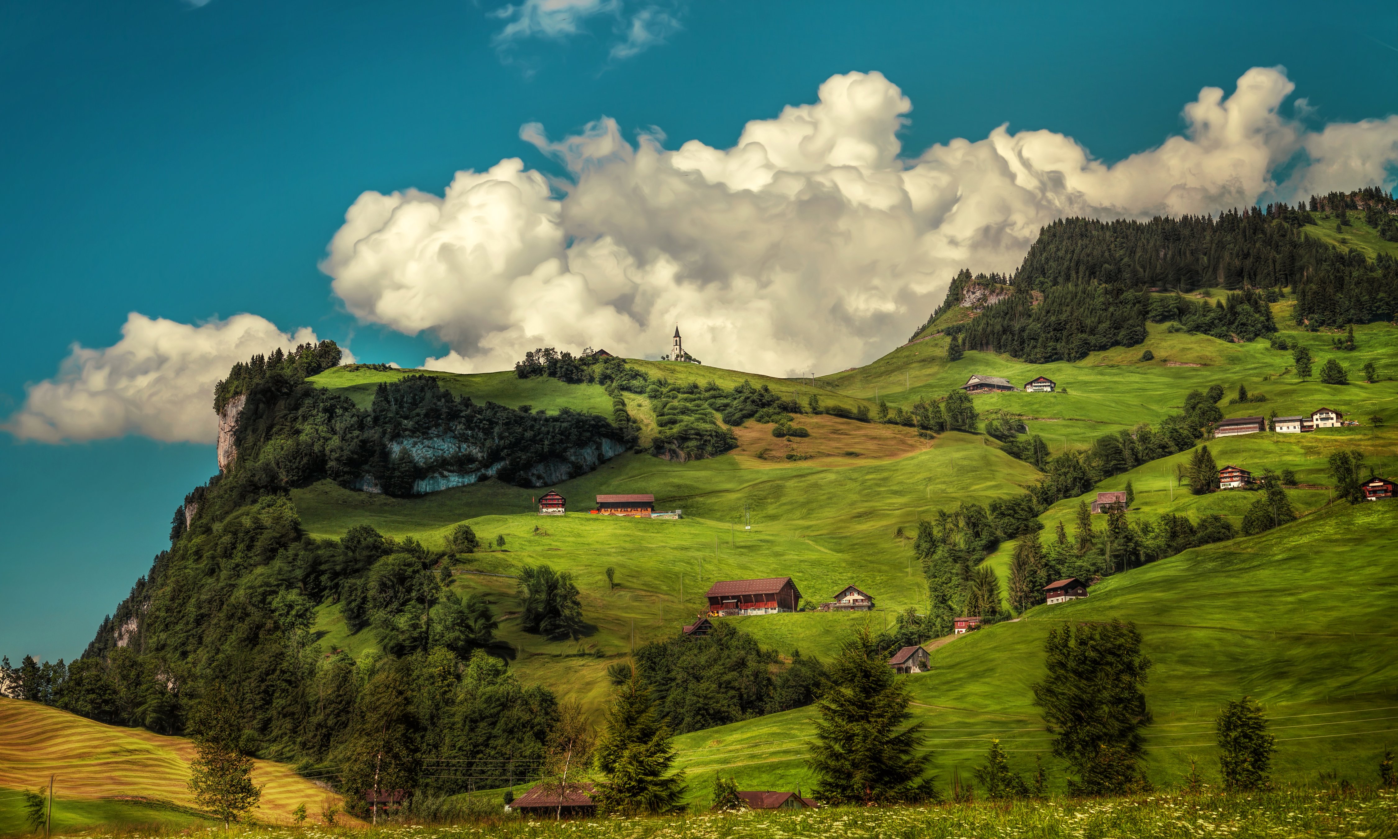 switzerland, Mountains, Forests, Houses, Grasslands, Scenery, Hdr, Clouds, Nature Wallpaper