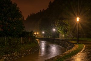 croatia, Rivers, Trees, Night, Street, Lights, Street, Samobor, Zagreb, Nature