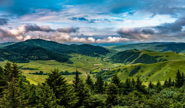 germany, Scenery, Mountains, Fields, Forests, Clouds, Fir, Kaiserstuhl, Hills, Nature HD Wallpaper Desktop Background