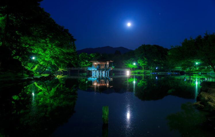 japan, Parks, Pond, Pagodas, Trees, Night, Moon, Ukimido, Nature HD Wallpaper Desktop Background