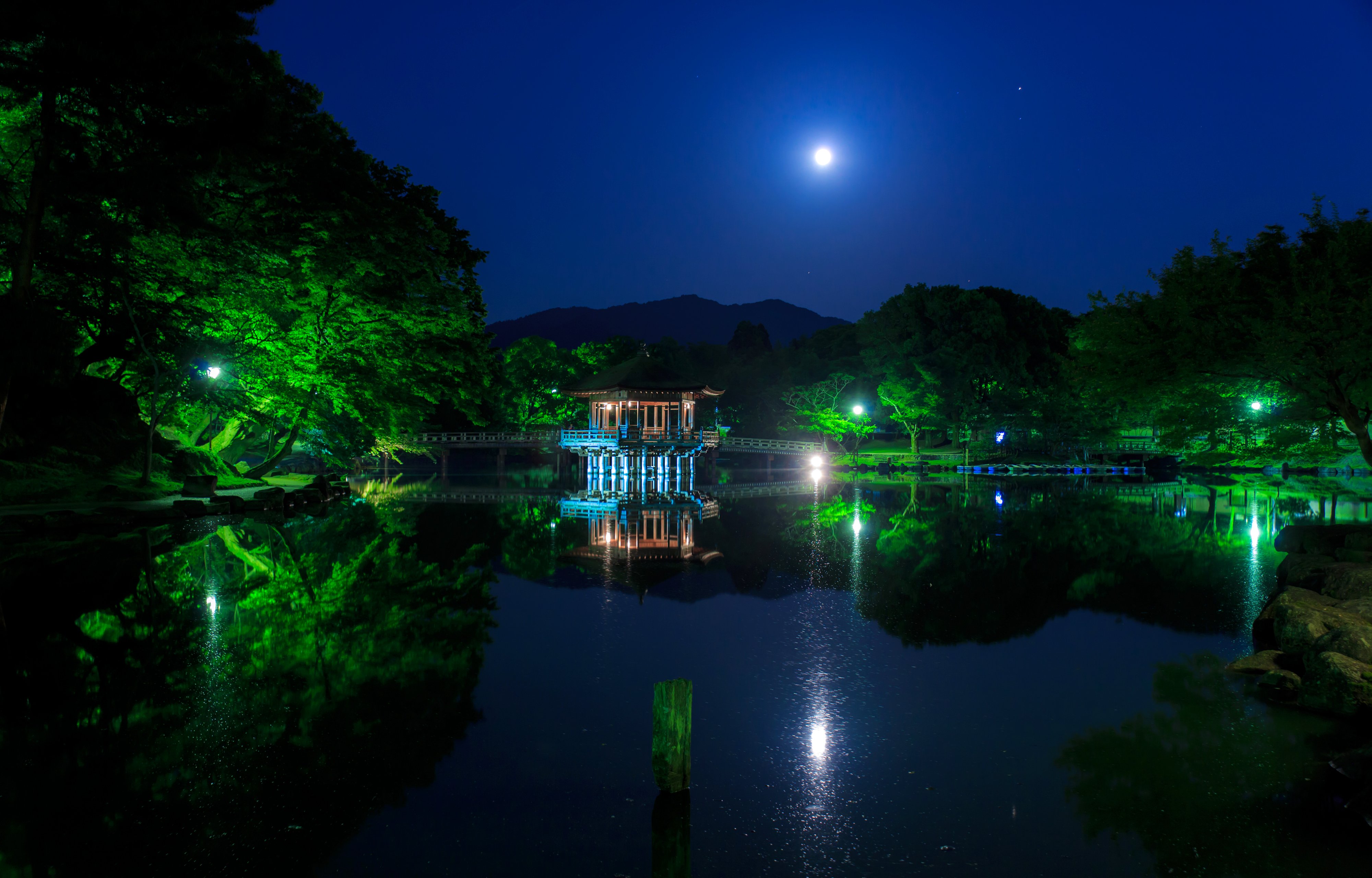 japan, Parks, Pond, Pagodas, Trees, Night, Moon, Ukimido, Nature