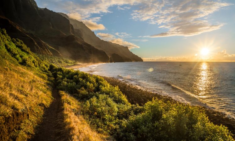 coast, Mountains, Sunrises, And, Sunsets, Scenery, Hawaii, Clouds, Sun, Kalalau, Nature HD Wallpaper Desktop Background