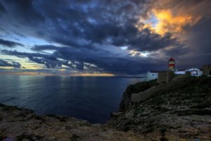portugal, Scenery, Lighthouses, Coast, Sea, Sky, Evening, Clouds, Lighthouse, St, Vincent, Bay, Sagres, Nature