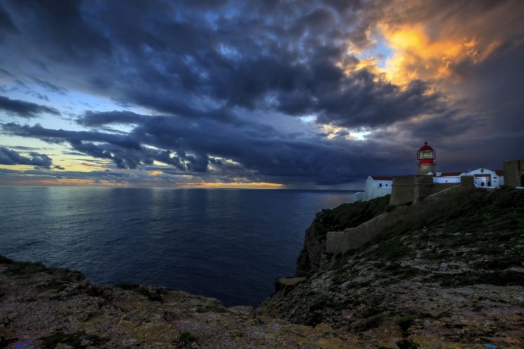 portugal, Scenery, Lighthouses, Coast, Sea, Sky, Evening, Clouds, Lighthouse, St, Vincent, Bay, Sagres, Nature HD Wallpaper Desktop Background