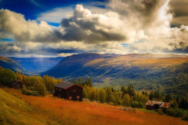 norway, Scenery, Mountains, Houses, Forests, Clouds, Hardangervidda, Nature HD Wallpaper Desktop Background