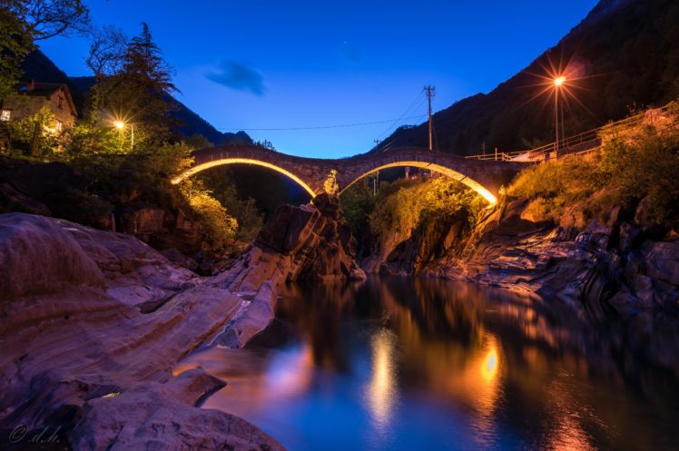 switzerland, Rivers, Bridges, Night, Street, Lights, Crag, Lavertezzo, Canton, Of, Ticino, Nature HD Wallpaper Desktop Background