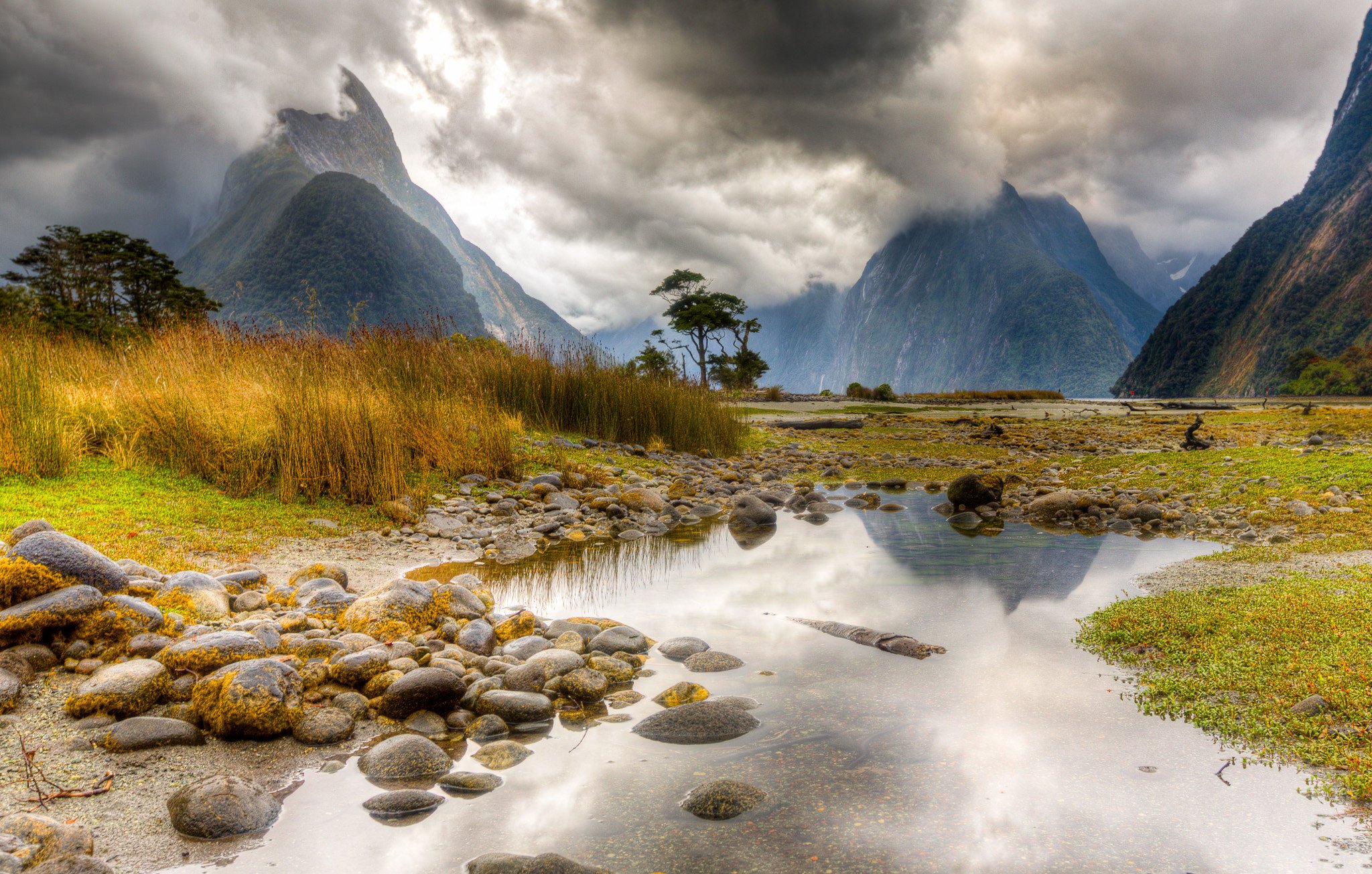 mountains, Scenery, Stones, New, Zealand, Puddle, Nature Wallpaper
