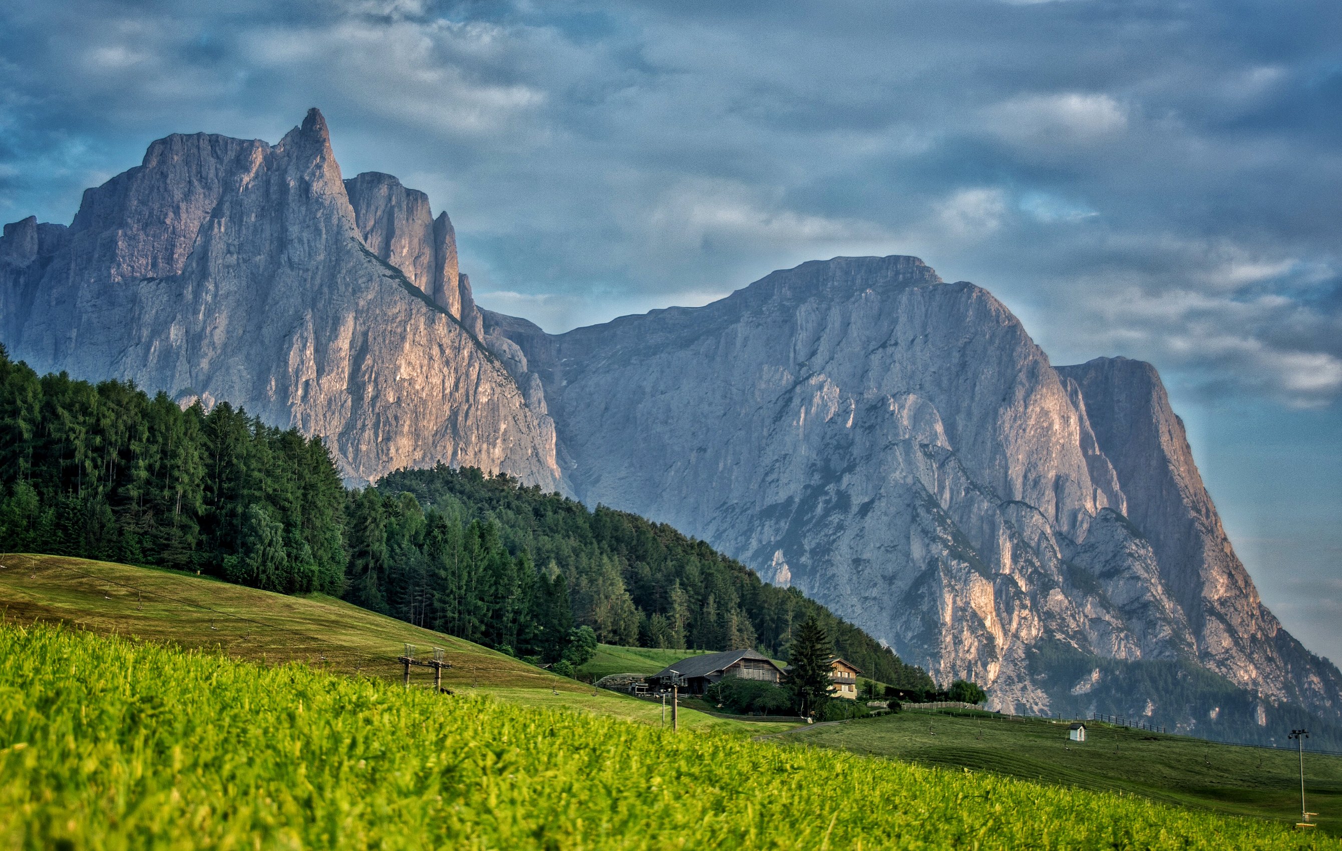 italy, Mountains, Fields, Forests, Sky, Houses, Scenery, Crag, Castelrotto, Nature Wallpaper