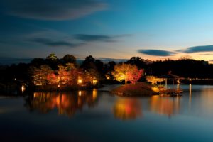 japan, Gardens, Pond, Trees, Night, Okayama, Nature