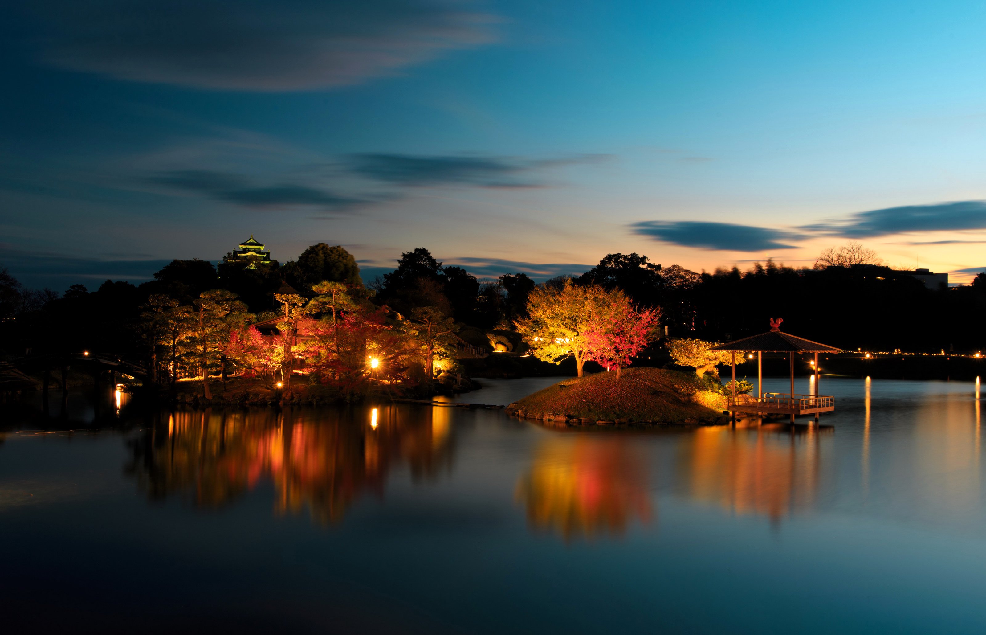 japan, Gardens, Pond, Trees, Night, Okayama, Nature Wallpaper