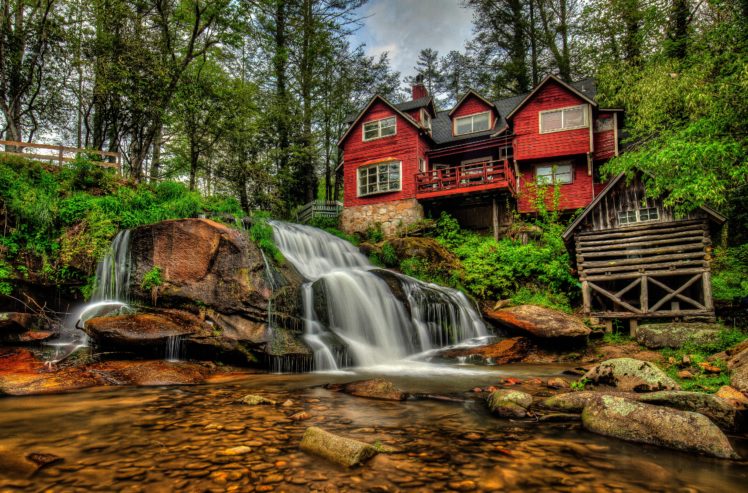 waterfalls, Usa, Houses, Stones, Mill, Shoal, Falls, Pisgah, National, Forest, North, Carolina, Nature HD Wallpaper Desktop Background