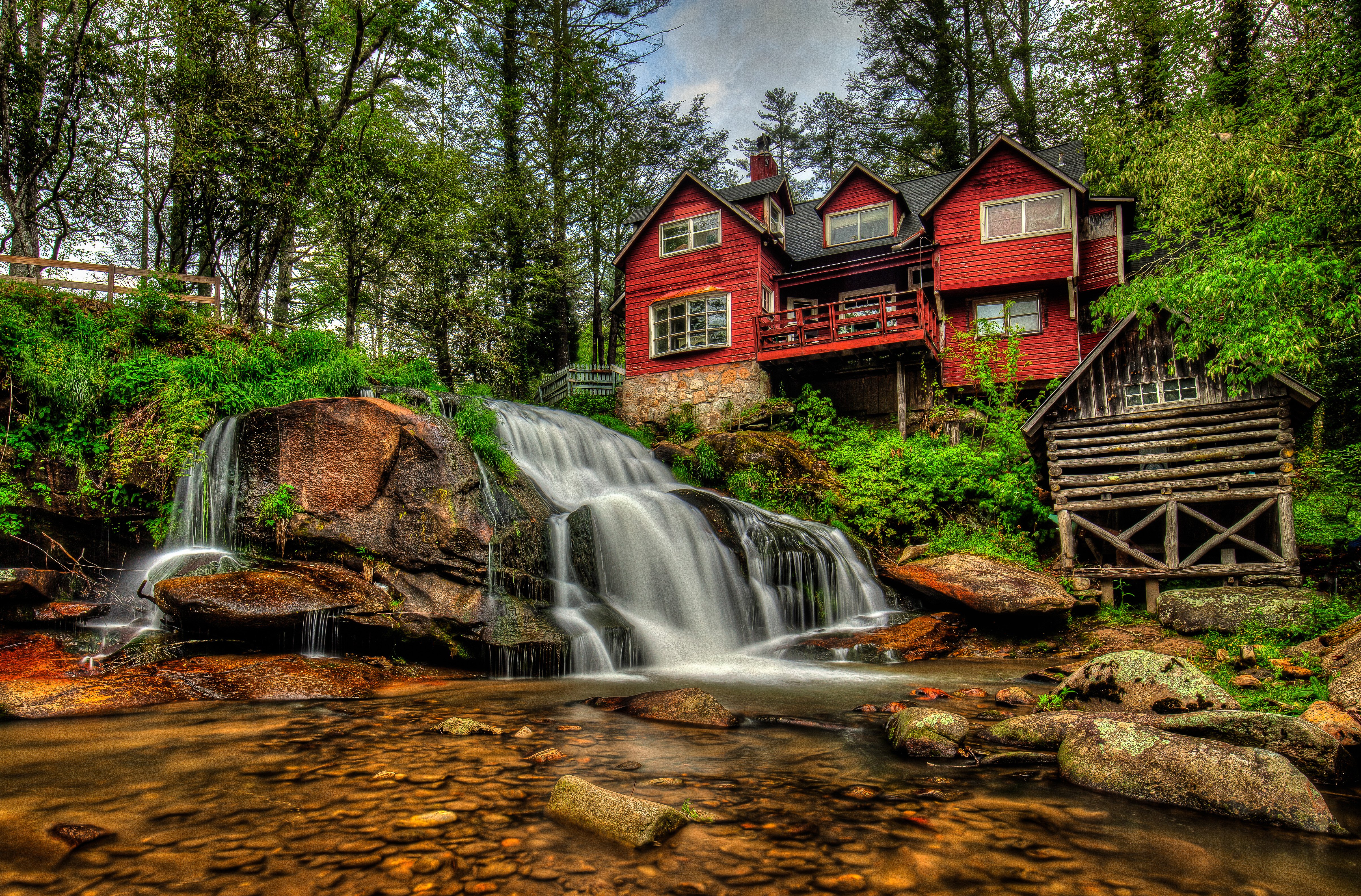 waterfalls, Usa, Houses, Stones, Mill, Shoal, Falls, Pisgah, National, Forest, North, Carolina, Nature Wallpaper