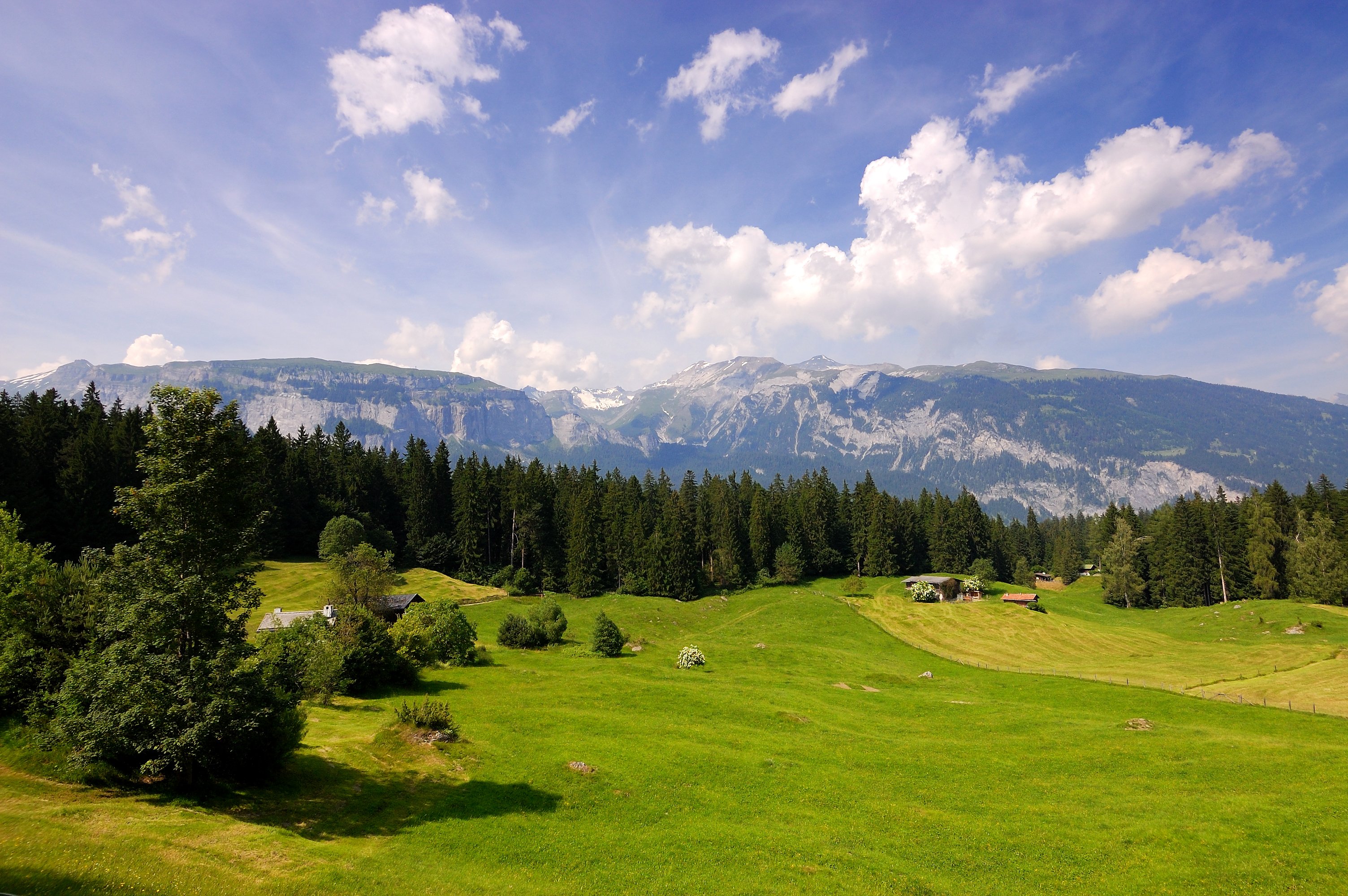 switzerland, Scenery, Forests, Grasslands, Mountains, Sky, Clouds, Nature Wallpaper