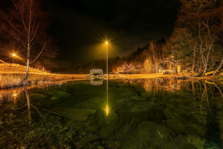 norway, Lake, Trees, Night, Street, Lights, Egersund, Nature HD Wallpaper Desktop Background