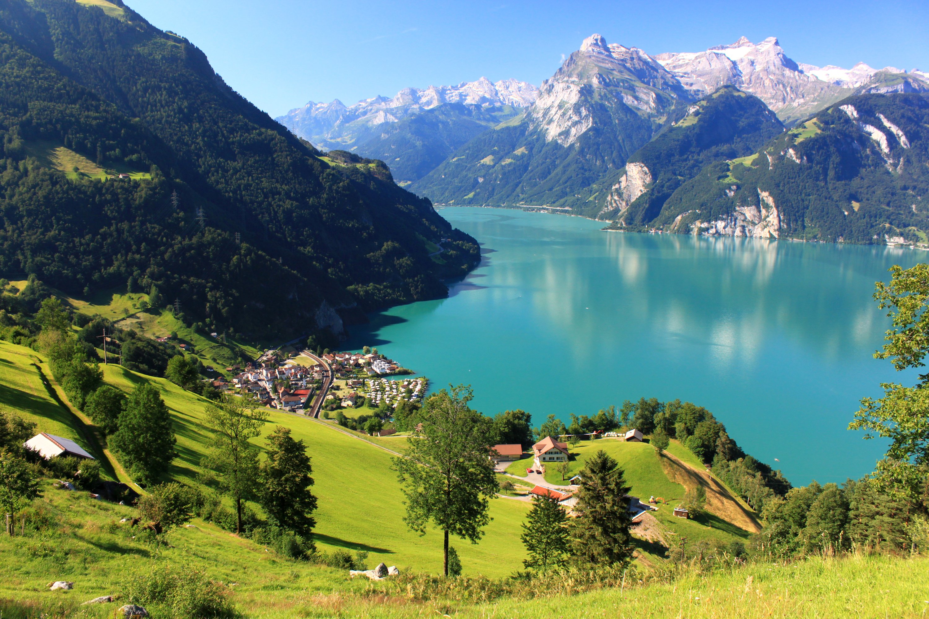 switzerland, Mountains, Lake, Scenery, Grasslands, Houses, Sisikon, Urner, Lake, Nature Wallpaper