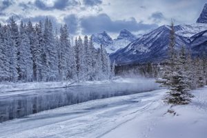 canada, Mountains, Winter, Scenery, Snow, Trees, Bow, River, Nature