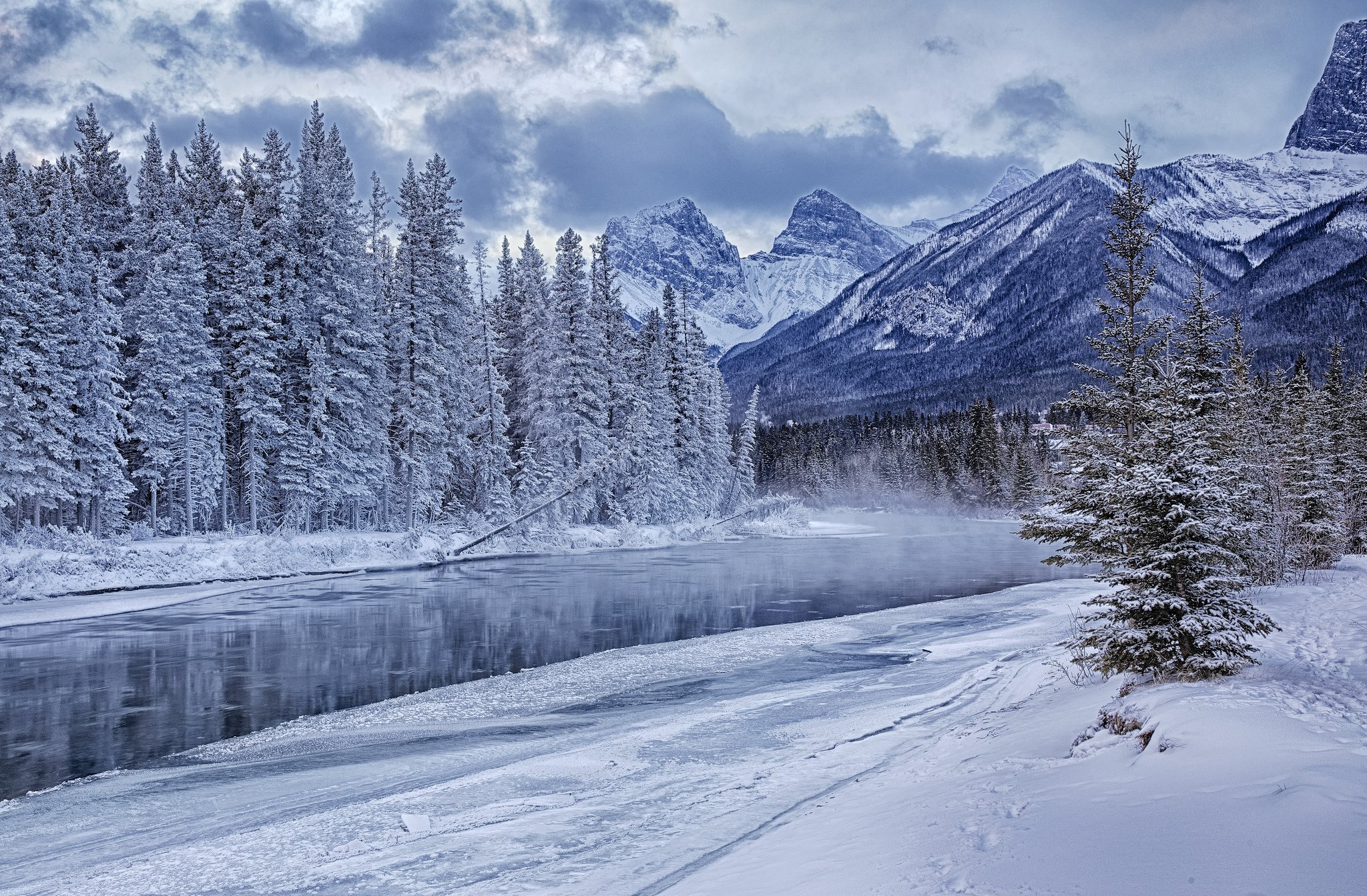 canada, Mountains, Winter, Scenery, Snow, Trees, Bow, River, Nature Wallpaper