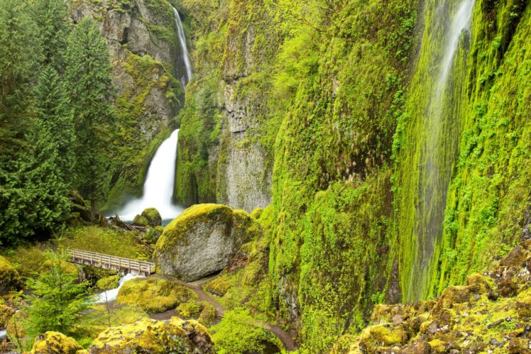 usa, Waterfalls, Stones, Crag, Moss, Wahclella, Falls, Columbia, River, Oregon, Nature HD Wallpaper Desktop Background