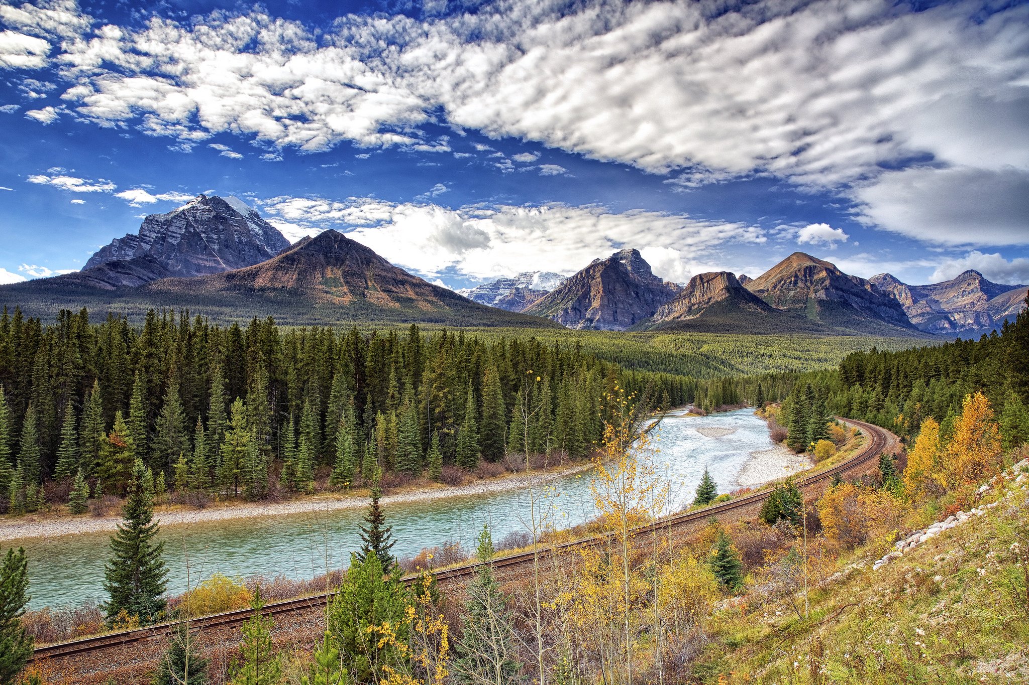 mountains, Canada, Forests, Rivers, Scenery, Sky, Bow, River, Nature Wallpaper