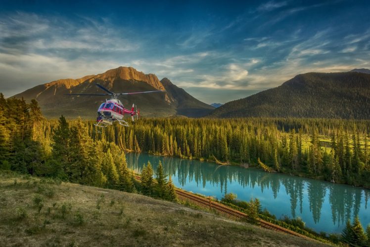 mountains, Scenery, Rivers, Forests, Helicopter, Sky, Canada, Bow, River, Nature HD Wallpaper Desktop Background