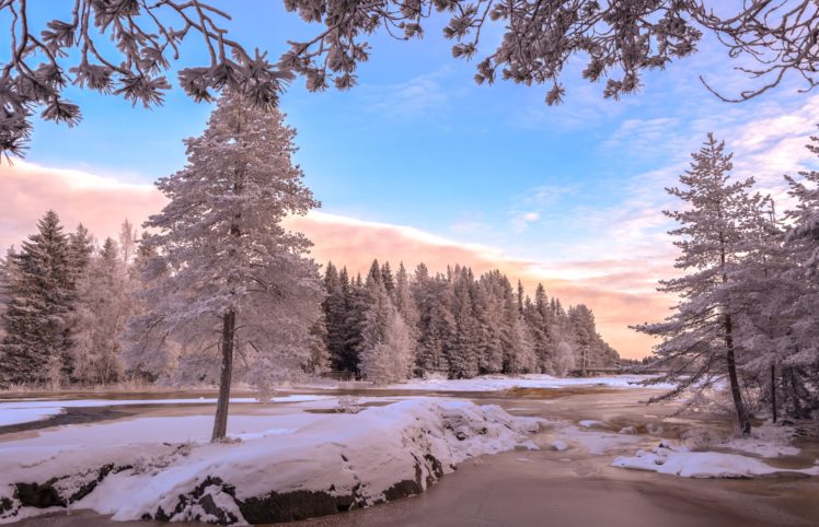 sky, Winter, Rivers, Trees, Snow, Nature HD Wallpaper Desktop Background