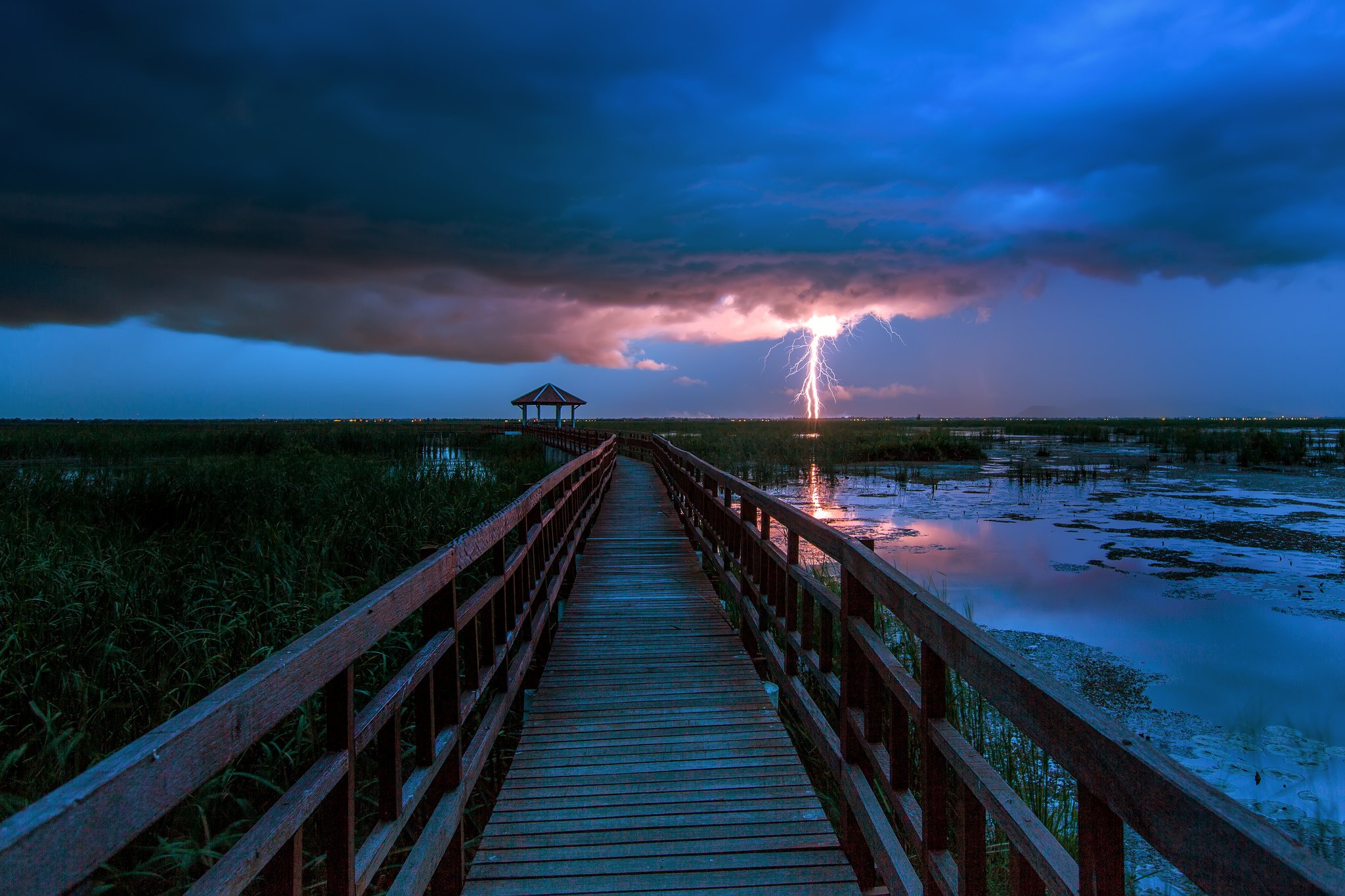 bridges, Evening, Thundercloud, Lightning, Nature Wallpaper