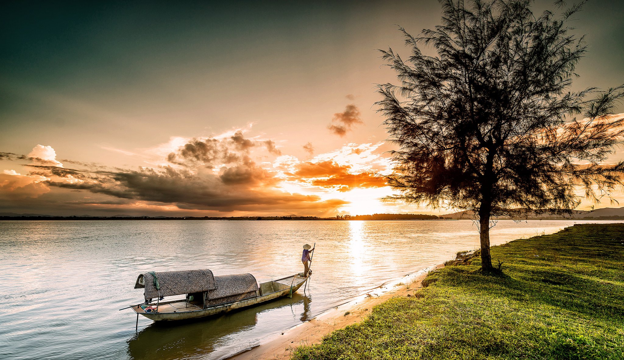 rivers, Sunrises, And, Sunsets, Boats, Vietnam, Ocean, Trees, Vinh, Nature Wallpaper