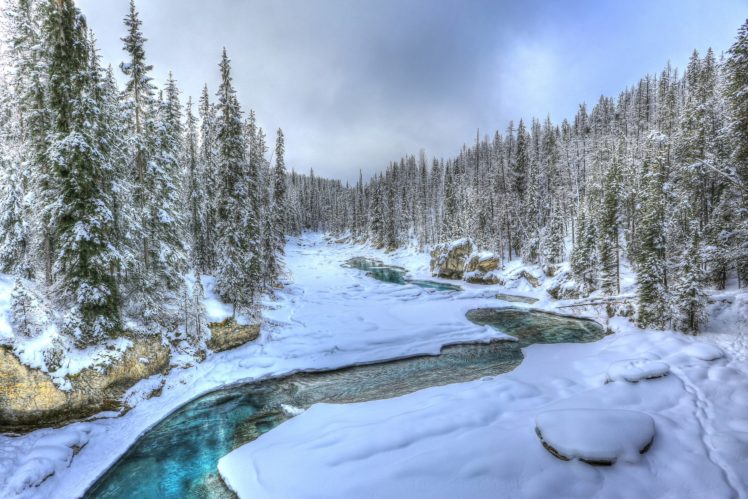 winter, Canada, Rivers, Forests, Snow, Alberta, Nature HD Wallpaper Desktop Background